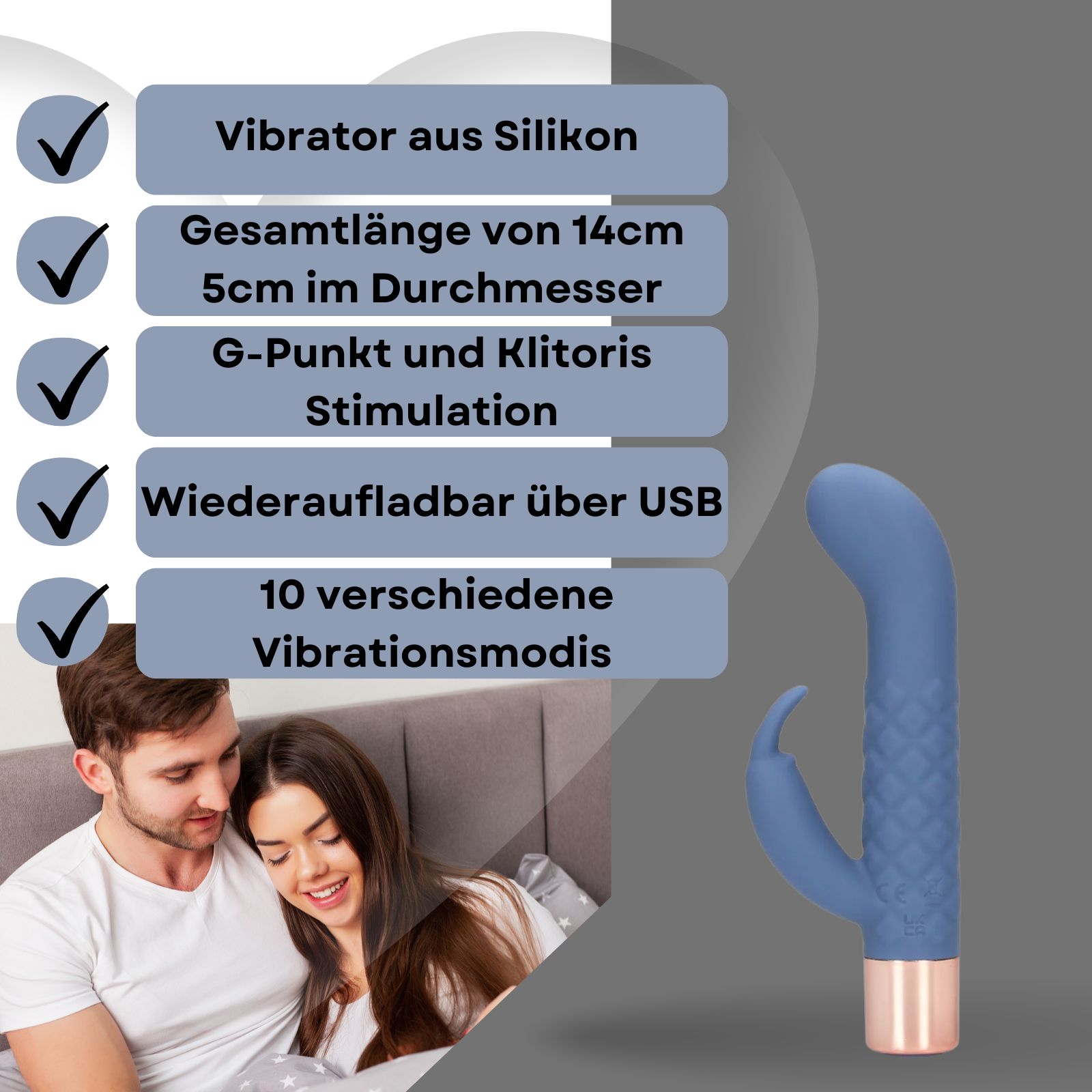 Blauer Vibrator mit Text: Silikon, 14 cm lang, 5 cm Durchmesser, USB-Aufladung, 10 Modi.