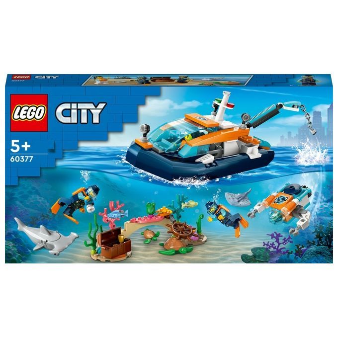 Set di giocattoli LEGO City 60377 Arctic Submarine. La confezione mostra un sottomarino blu e arancione, subacquei e fauna marina. Il set include un mini-sottomarino, uno squalo, una razza e altri elementi sottomarini. Adatto a bambini dai 5 anni in su.