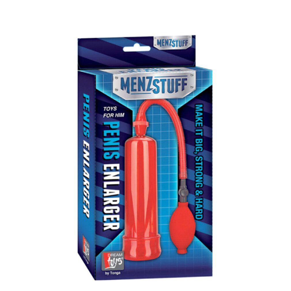 Verpackung mit roter Penispumpe. Text: PENIS ENLARGER, MENZSTUFF, DREAM TOYS. Blauer Hintergrund.