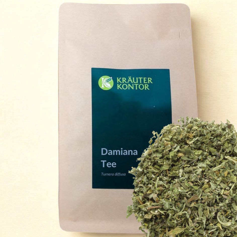 Beutel mit Kräuterkontor Damiana Tee. Brauner Papierbeutel mit grünem Etikett. Text: Damiana Tee, Turnera diffusa.