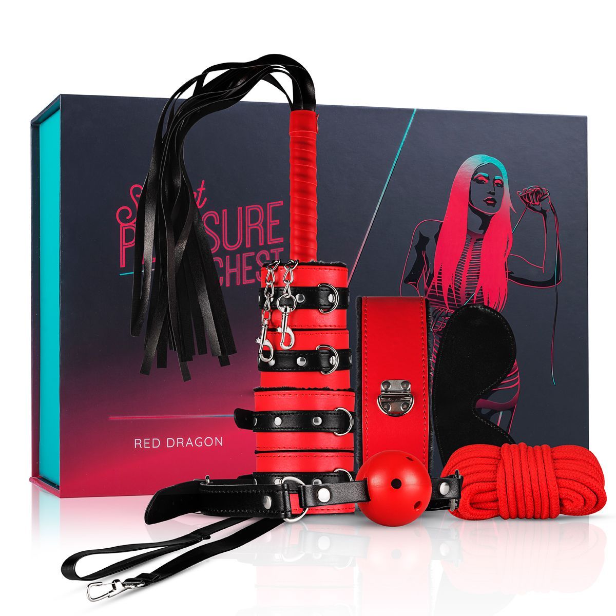 BDSM-Set »Red Dragon« mit Peitsche, Fessel, Mundknebel, Augenbinde, Seil und Box. Rote und schwarze Elemente.