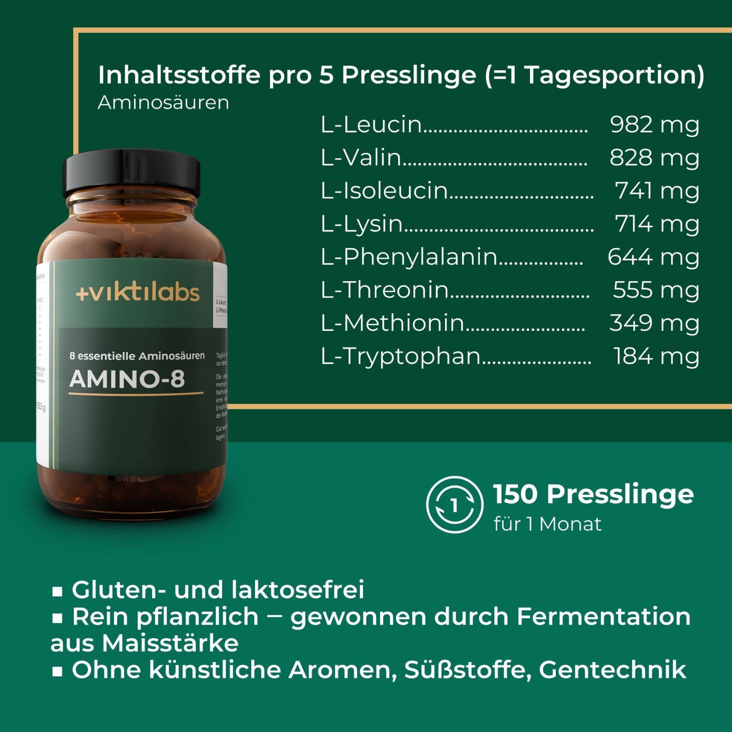 Viktilabs Amino-8 Flasche mit Liste der Inhaltsstoffe pro Tagesportion.
