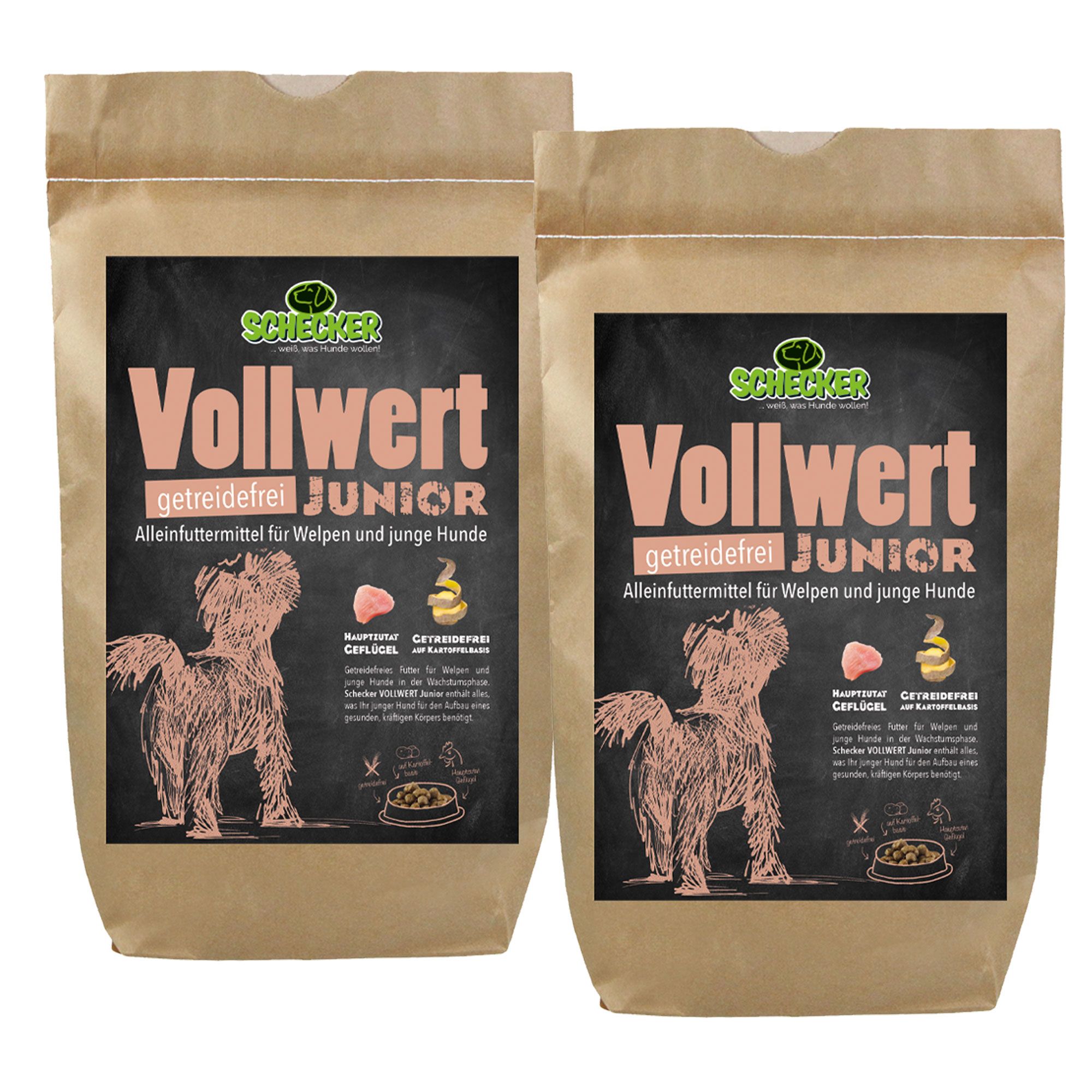 Zwei Beutel Trockenfutter. Aufdruck: Schecker Vollwert Junior, getreidefrei, Alleinfuttermittel für Welpen und junge Hunde. Illustration eines Hundes.
