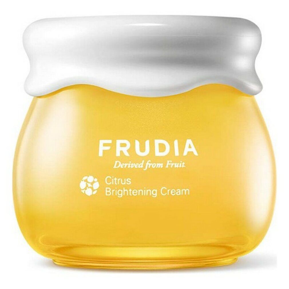 Gelbe Creme in einem Glas mit weißem Deckel. Aufschrift: FRUDIA, Citrus Brightening Cream.