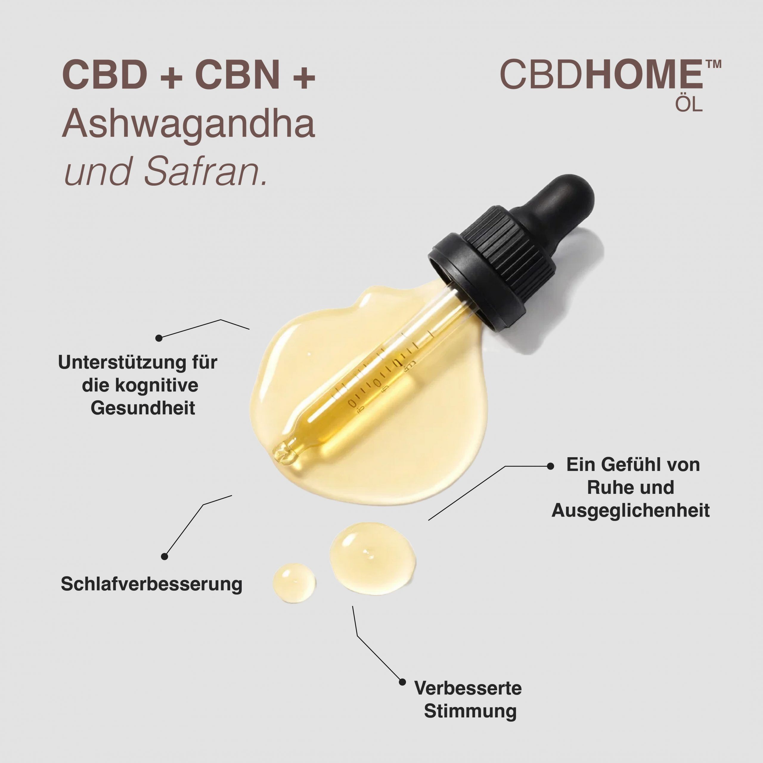 CBD HOME Öl mit Pipette auf Öl-Tropfen. Beschriftung: CBD + CBN + Ashwagandha und Safran.