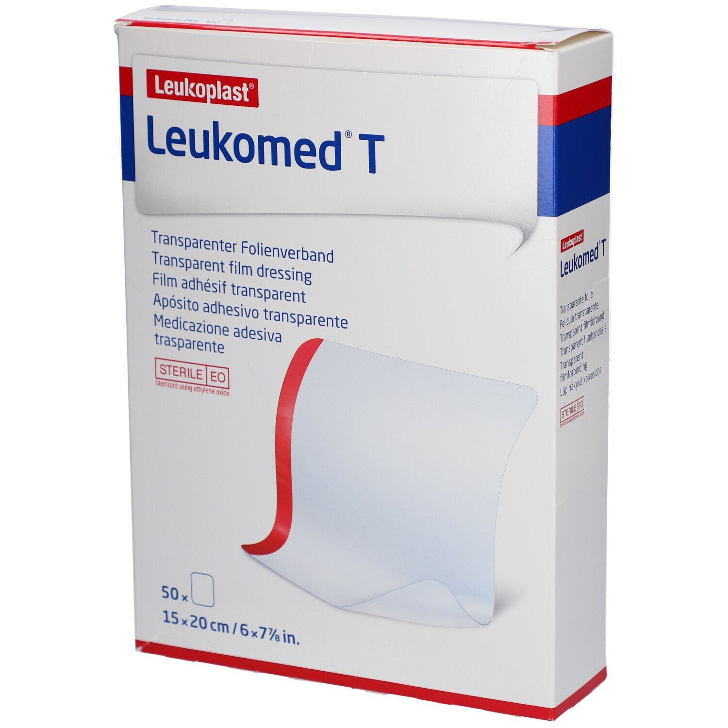Verpackung von Leukomed T. Transparentes Folienverband. Größe: 15x20 cm. Steril. Marke Leukoplast.