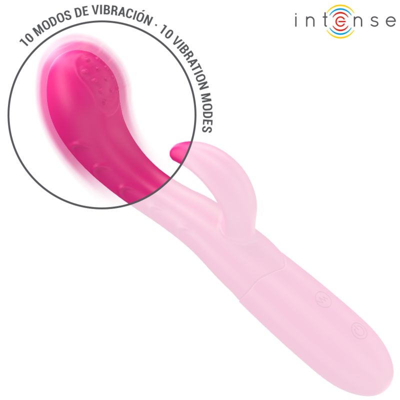 Pinkfarbener Vibrator mit stimulierender Zunge. Beschriftung: 10 Vibrationsmodi. Marke: Intense.