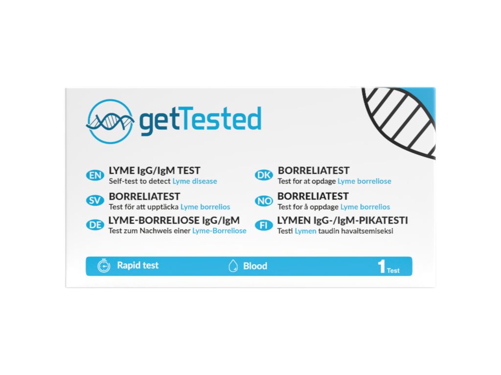 Weiße Verpackung mit blauem Logo 'getTested' und Text: Lyme IgG/IgM Test, Borreliose Test, Rapid Test, Blood. Enthält eine Test.