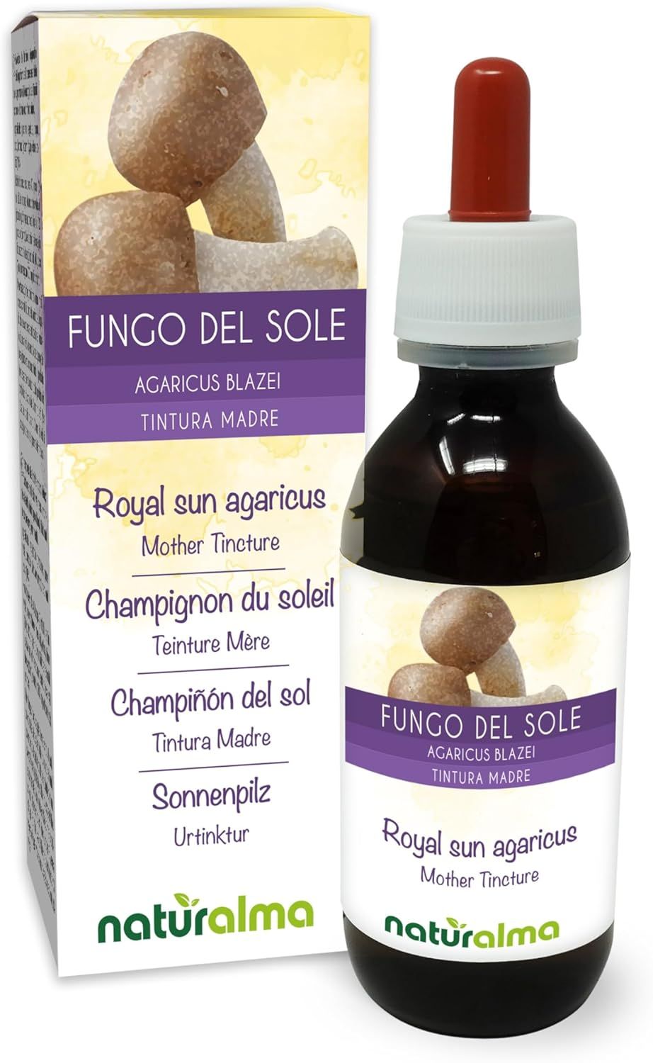 Flasche und Verpackung von Naturalma Sonnenpilz Agaricus blazei Flüssig Extrakt. Braune Flüssigkeit, Tropfer. Text: Fungi del Sole.