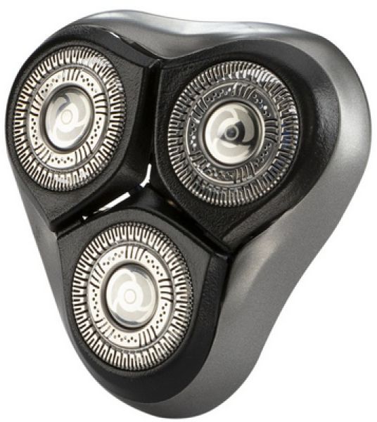 Rotationsscherkopf mit drei runden Scherelementen. Schwarzer Rahmen, silberne Scherelemente, grauer Körper.