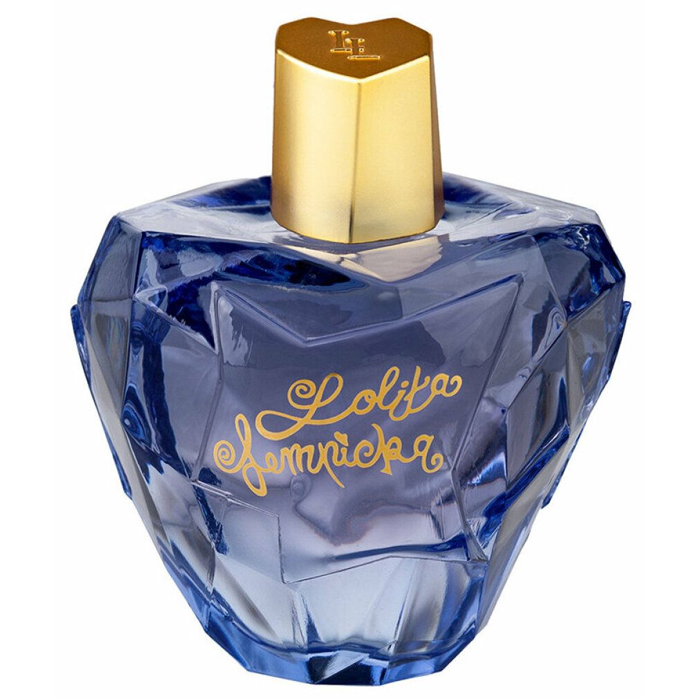 Blauer Flakon mit goldfarbenem Deckel und Schriftzug. Der Flakon hat eine facettierte Form.