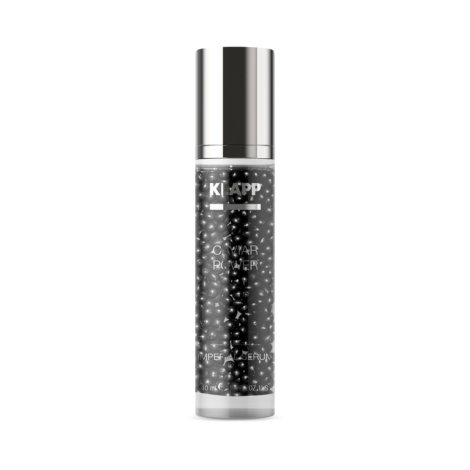 Klapp Caviar Power Imperial Serum. Zylindrische Flasche mit silbernem Deckel. Schwarze Punkte auf transparentem Hintergrund. Produktbeschriftung.
