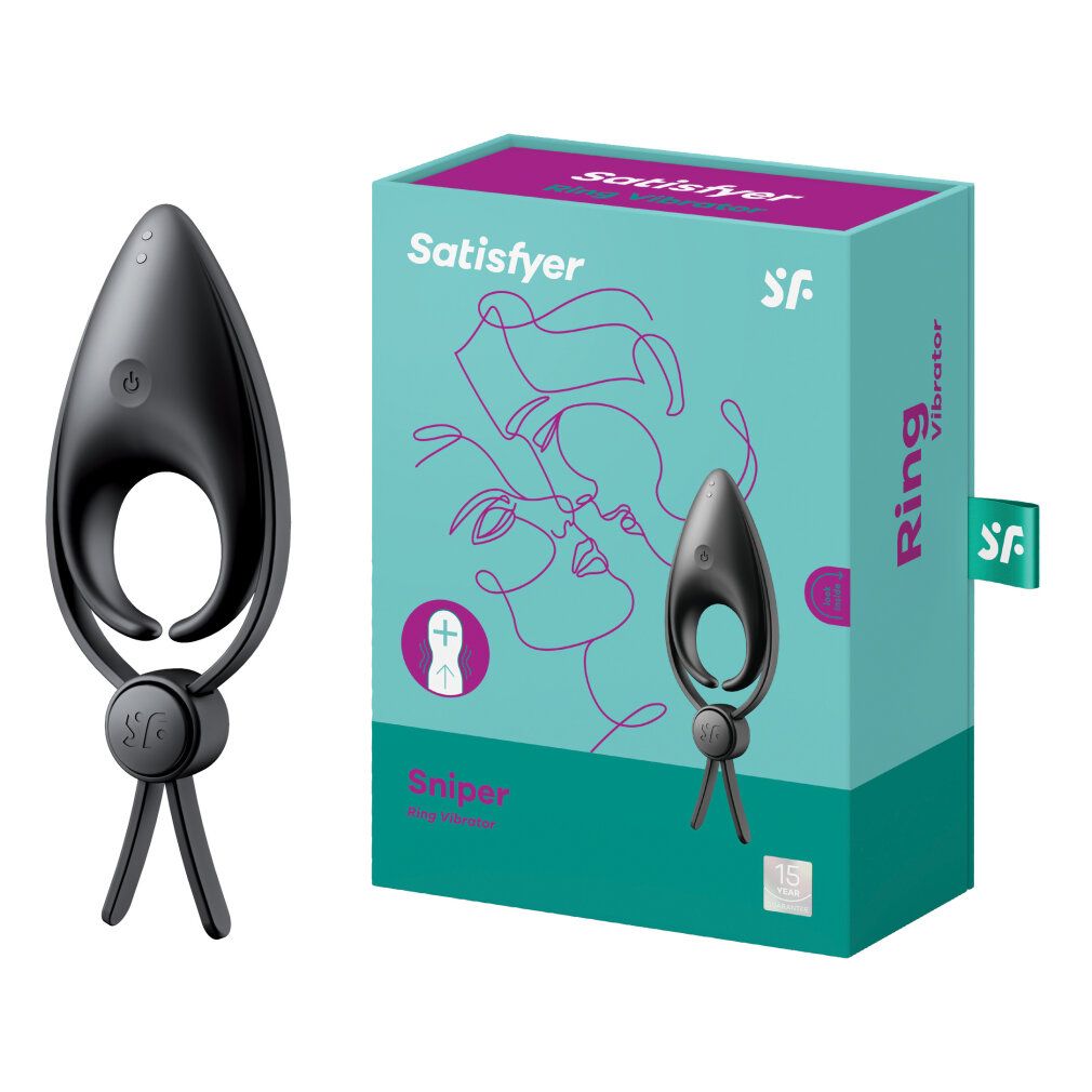 Schwarzer Ringvibrator mit drei Beinen und Bedienknöpfen. Auf der Verpackung steht "Satisfyer Sniper Ringvibrator".