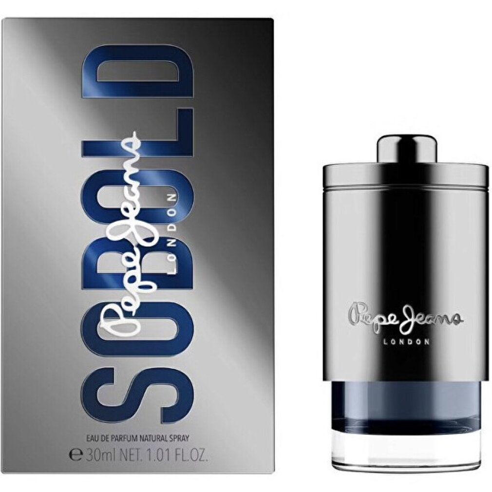Pepe Jeans SoBold for Him Eau de Parfum. Flakon und Verpackung. Silberfarbener Flakon mit blauem Inhalt. Verpackung mit Schriftzug SoBold.