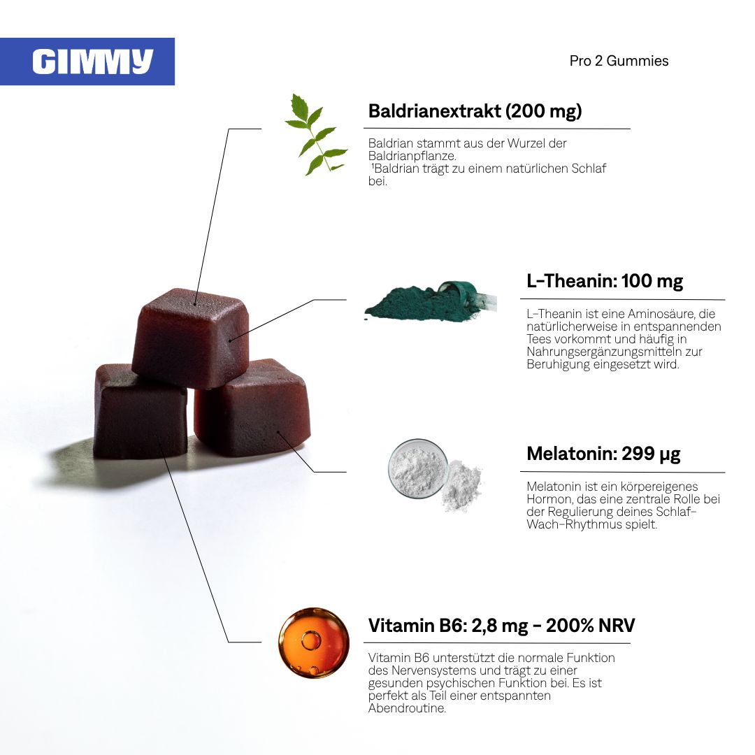 Nahaufnahme von Gummibärchen mit Inhaltsstoff-Informationen. Baldrian, L-Theanin, Melatonin, Vitamin B6.