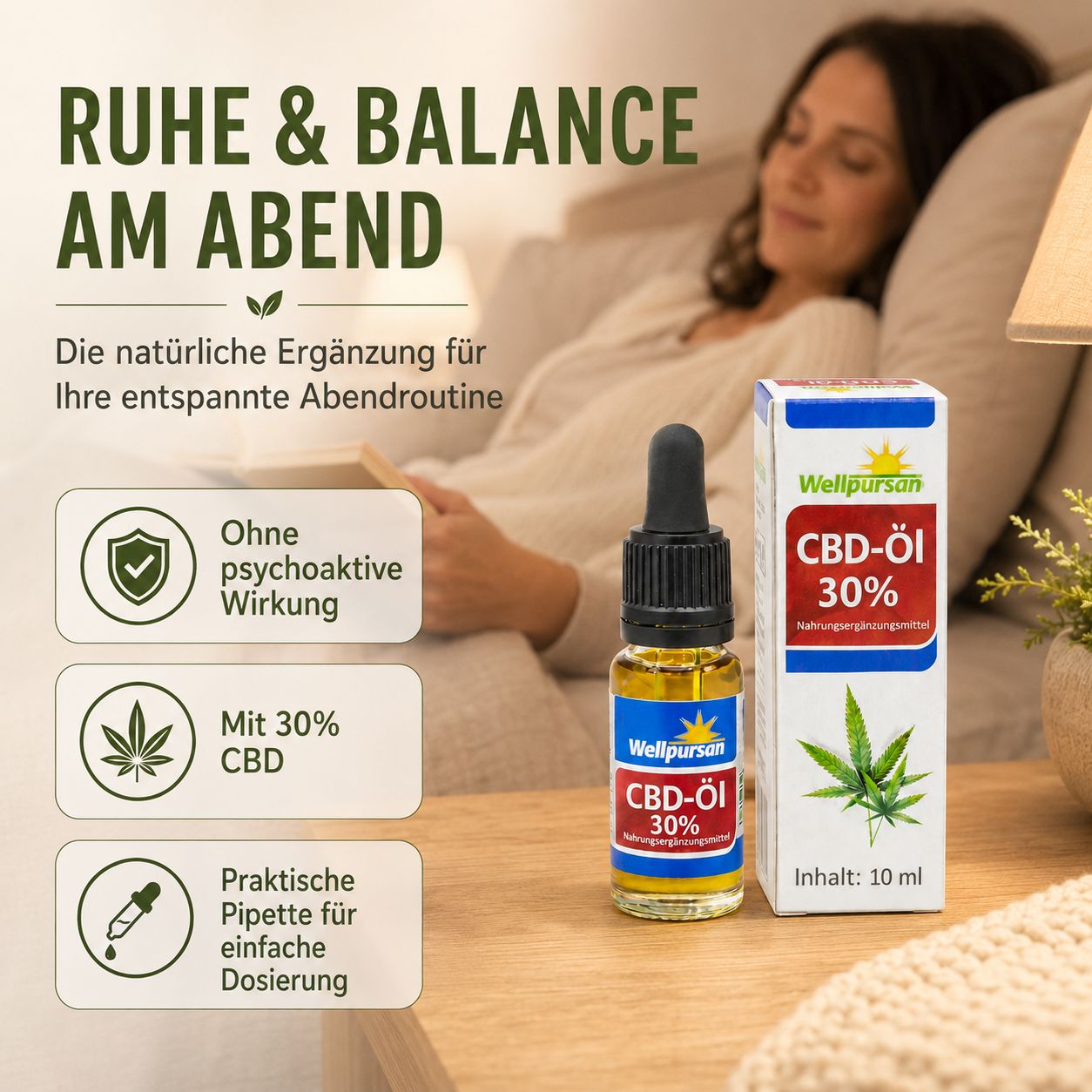 Wellpursan CBD-Öl 30% Flasche mit Pipette, Faltschachtel, Frau entspannt, Icons für Balance, Stressabbau, Alltag.