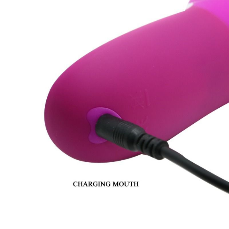 Nahaufnahme des Ladeanschlusses eines lila Vibrators. Beschriftung: CHARGING MOUTH.