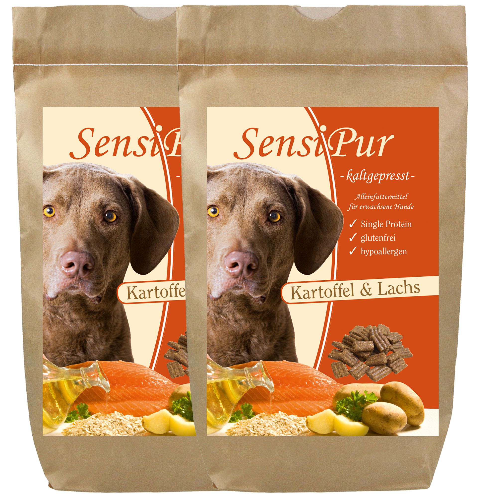 Zwei Beutel Schecker Trockenfutter SensiPur Kartoffel & Lachs. Aufdruck mit Hund, Lachs und Kartoffeln.