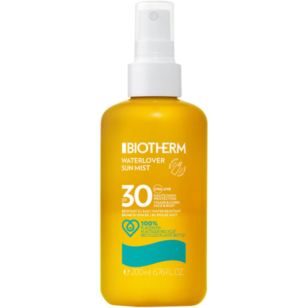 Gelbe Sprühflasche mit weißem Sprühkopf. Aufschrift: BIOTHERM Waterlover Sun Mist 30. Mit UV-Schutz-Logo und 100% recyceltem Plastik.