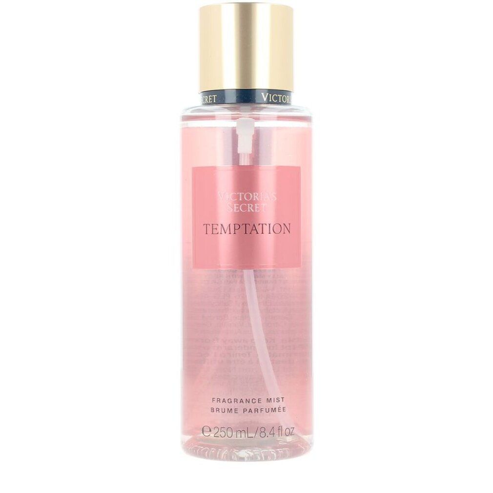 Victoria's Secret Temptation Körperspray. Transparente Flasche, goldener Deckel, Sprühkopf.