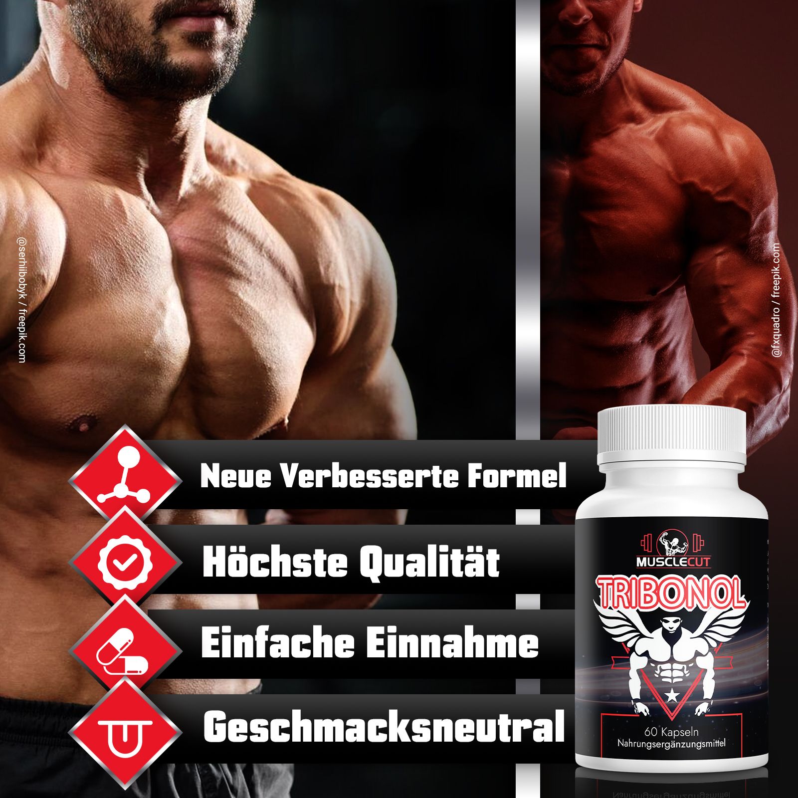 Weiße Flasche mit schwarzem Etikett. Aufschrift: Tribonol, 60 Kapseln. Logos. Hintergrund: muskulöser Mann.