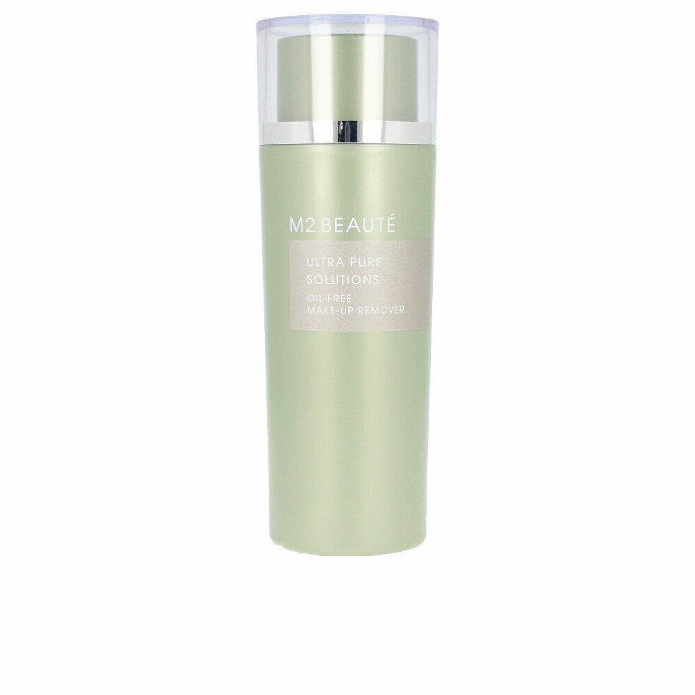 Grüne Flasche mit transparentem Deckel. Aufschrift: M2Beauté, Ultra Pure Solutions, Oil-Free Make-Up Remover.