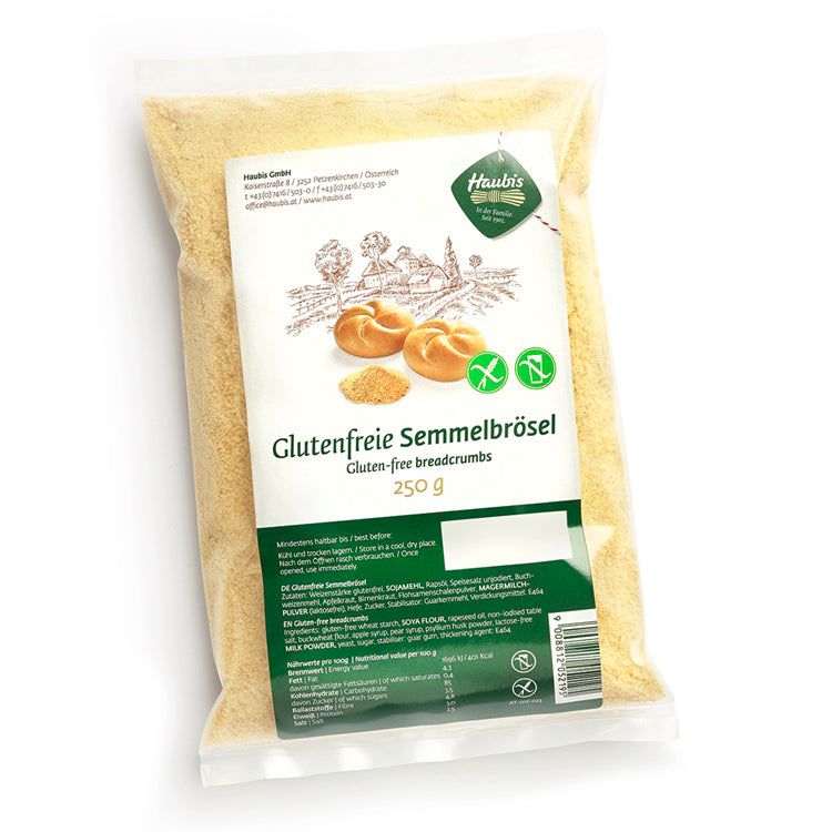Klare Plastikverpackung mit glutenfreien Semmelbröseln. Aufdruck: Haubis, Glutenfreie Semmelbrösel, 250g.