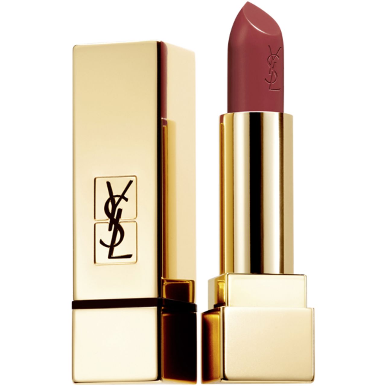 Goldfarbener Lippenstift von Yves Saint Laurent. Der Lippenstift ist geöffnet und zeigt die rosafarbene Spitze. YSL-Logo.