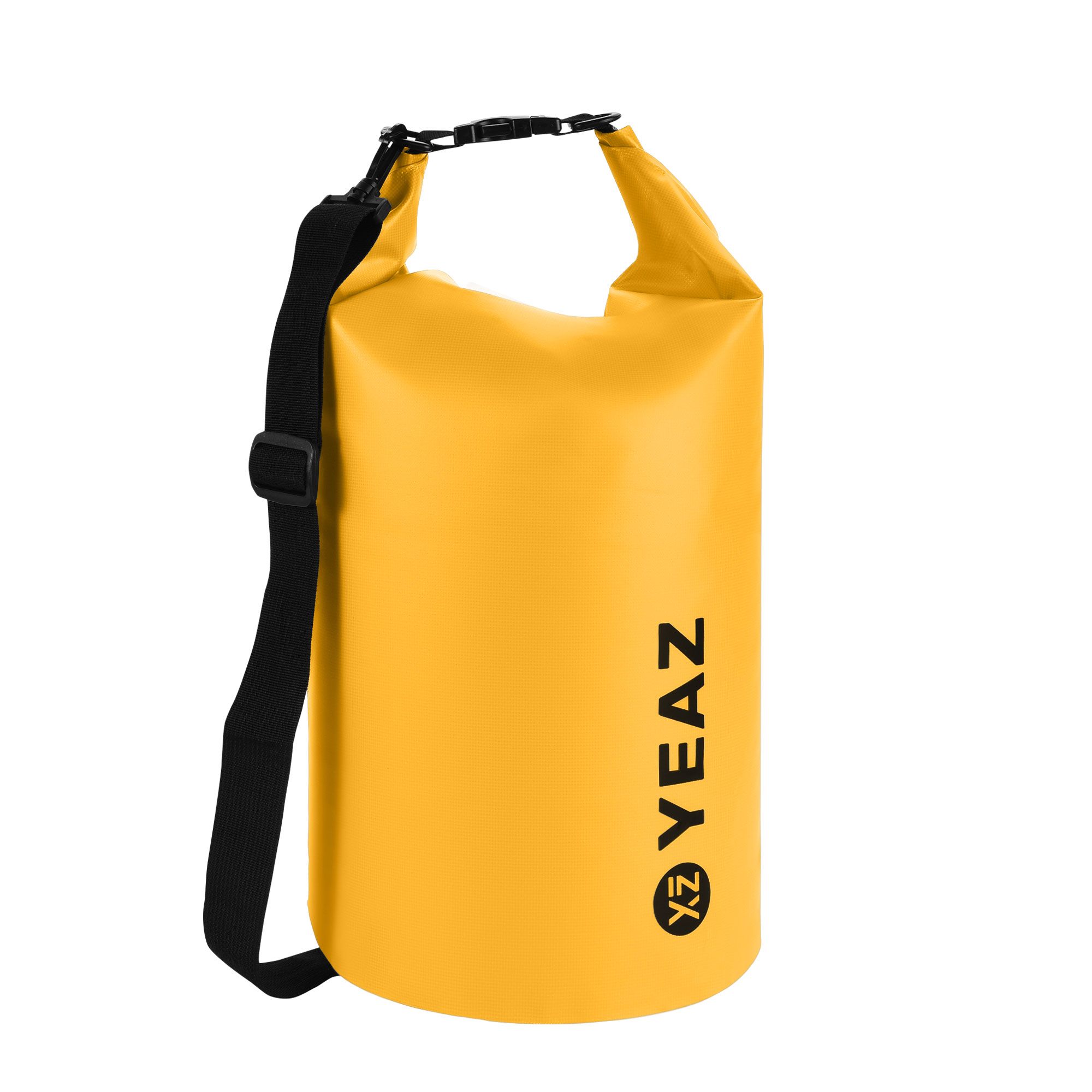 Gelber Packsack mit schwarzem Schultergurt. Aufgedruckter Markenname YEAZ.