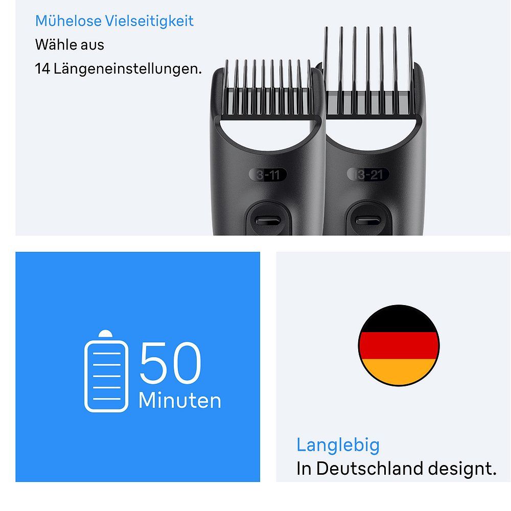 Zwei Aufsätze mit 14 Längeneinstellungen für den Braun Series 3 All-In-One Style Kit Trimmer.