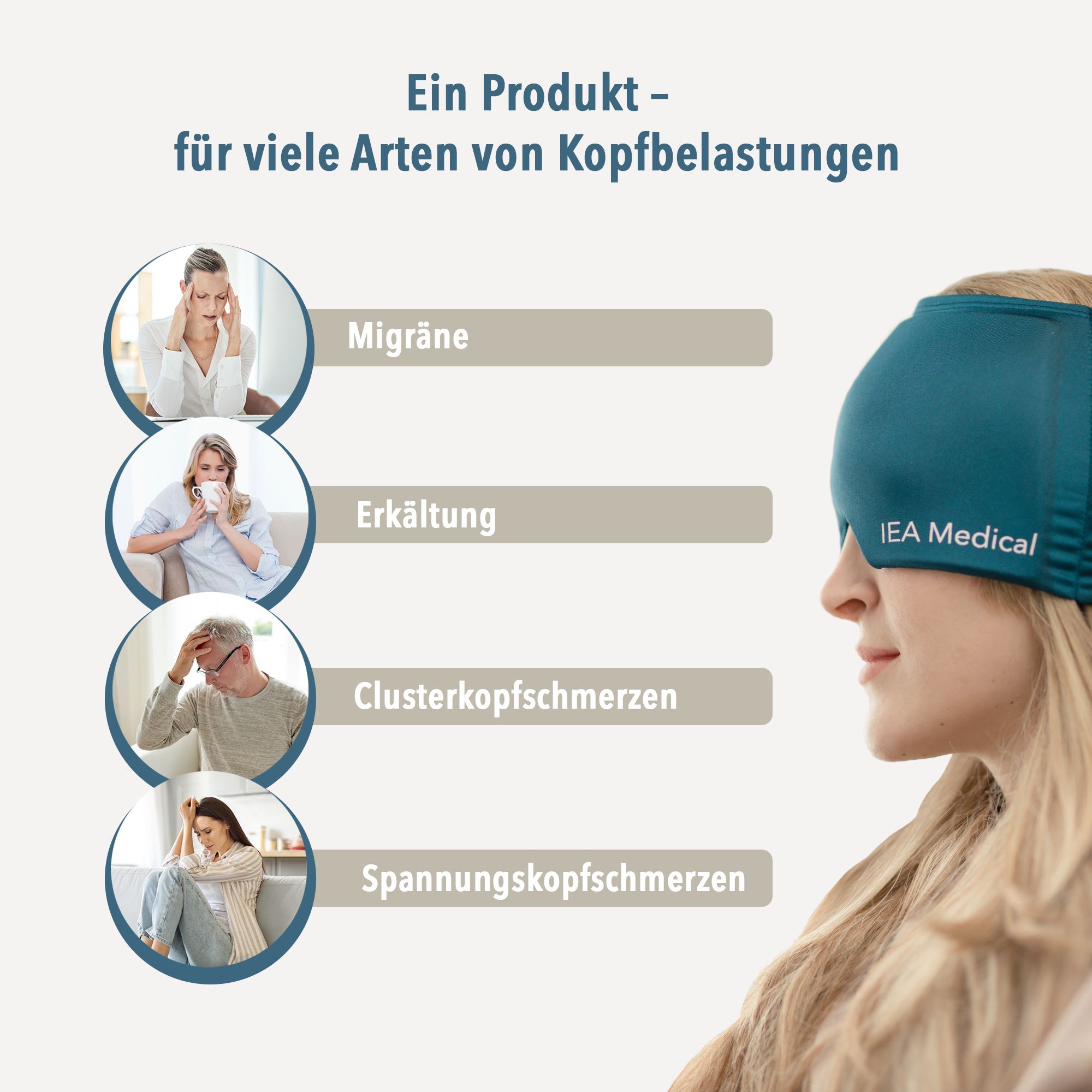 Frau mit Migränemaske. Text: Ein Produkt - für viele Arten von Kopfbelastungen. Illustrationen: Migräne, Erkältung, etc.