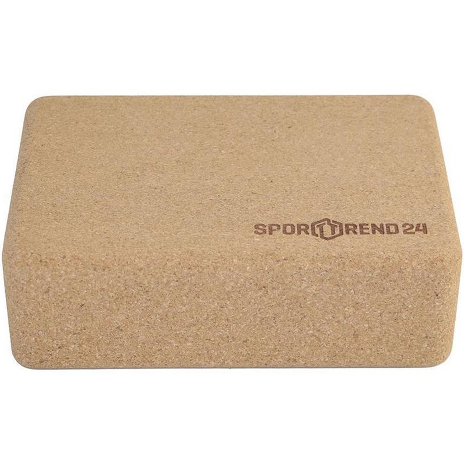 Rechteckiger Yoga-Block aus Kork. Das Logo von Sporttrend24 ist auf der Seite sichtbar.