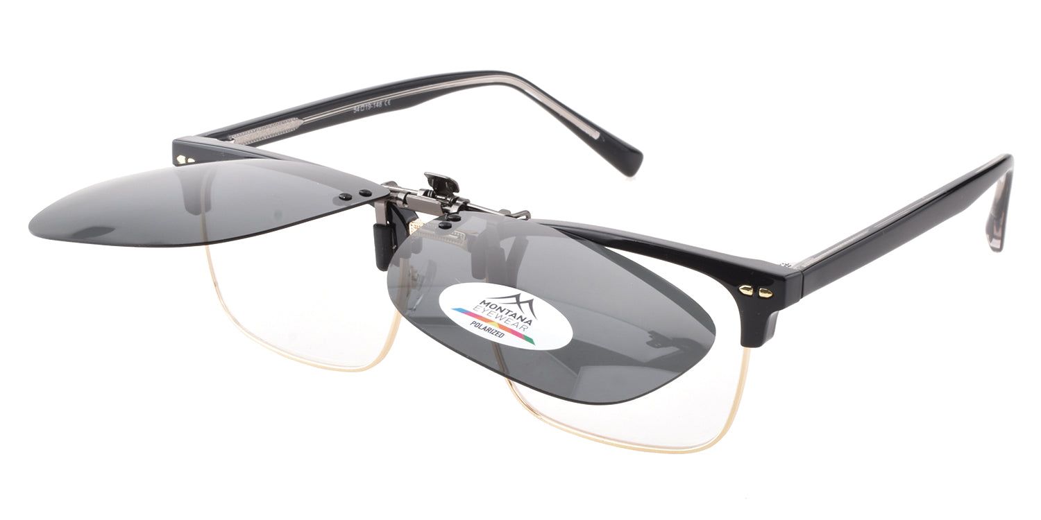 Sonnenbrille mit Clip-on-Gläsern, schwarzer Rahmen. Graue Gläser, Montana Eyewear Logo.