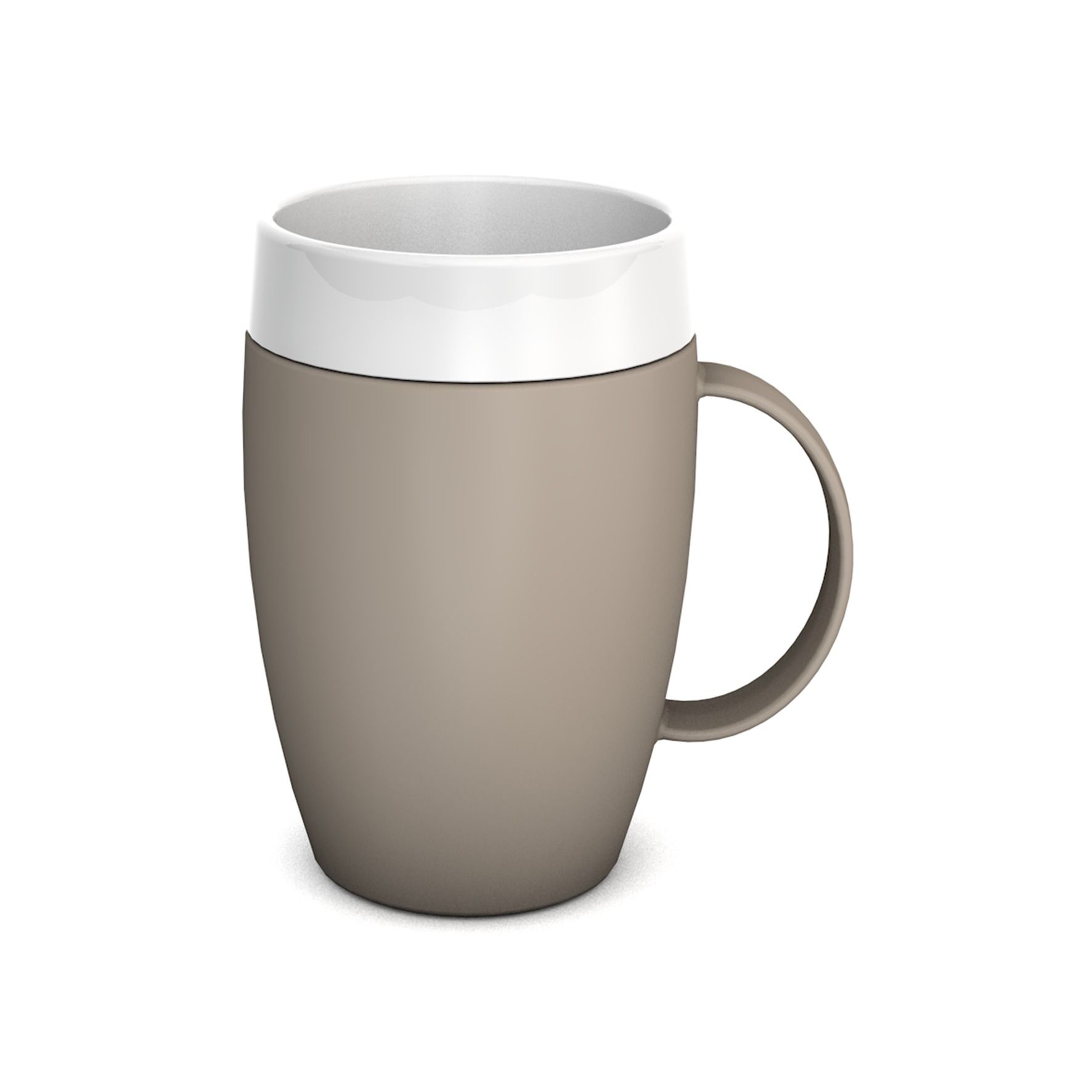 Becher mit kleinem Henkel, beige und weiß. Zylindrische Form, Henkel an der Seite. Weißer Rand.