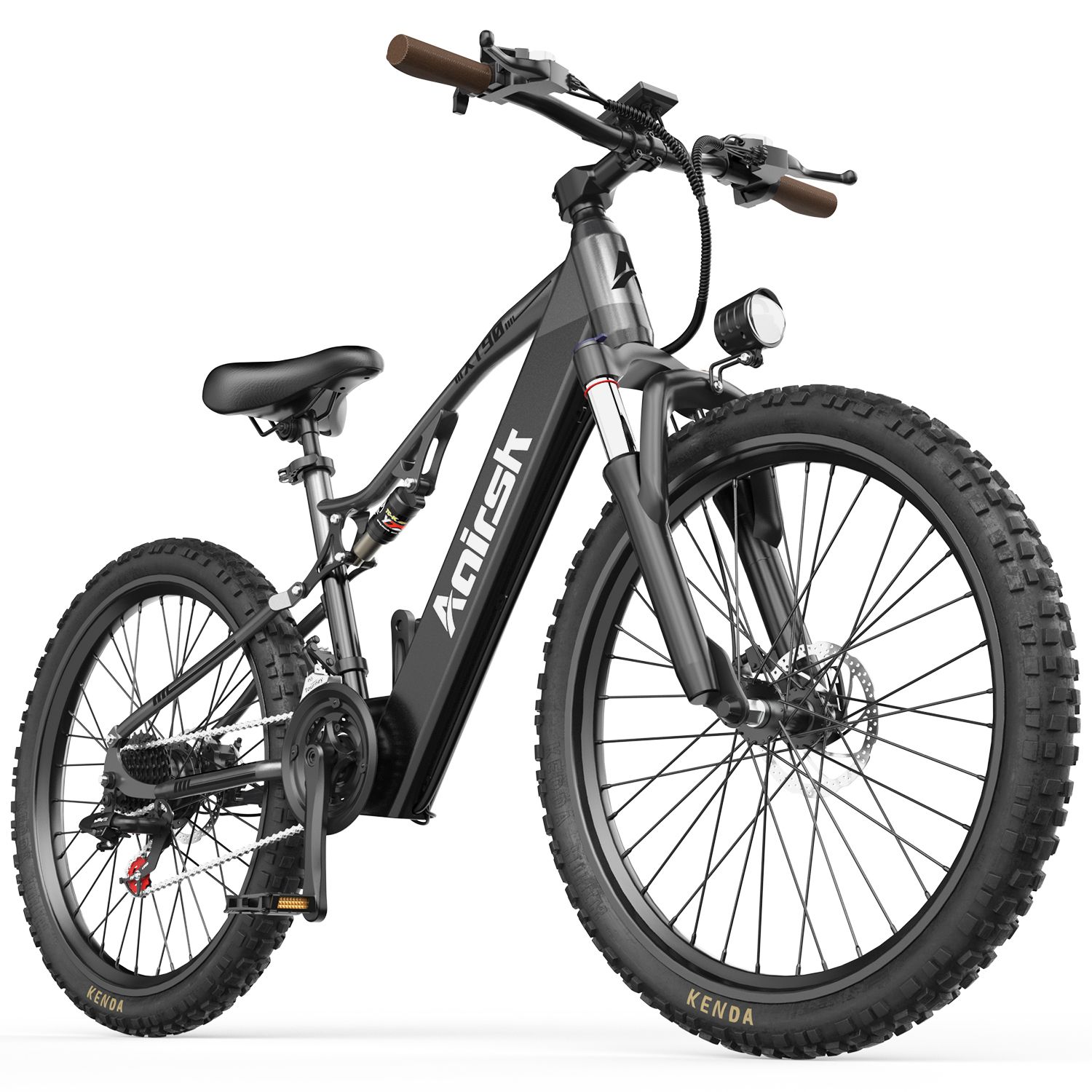 Schwarzes E-Bike mit breiten Reifen, Scheinwerfer, braunen Lenkergriffen und dem Markennamen Anirsk.
