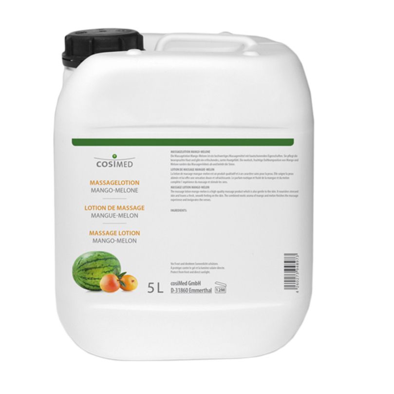 Weißer Kanister mit schwarzem Deckel. Aufschrift: cosiMed, Massagelotion Mango-Melone, 5 L. Abbildung von Mango und Melone.
