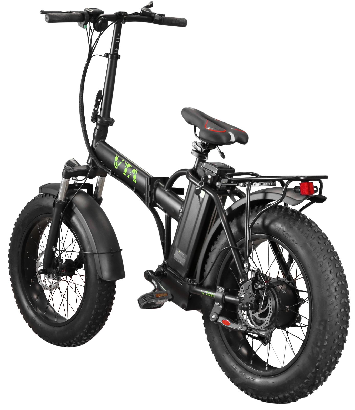 Schwarzes Elektro-Fatbike, Heckansicht. Große Reifen, Gepäckträger, V-Logo. Bremsscheibe und Rücklicht sichtbar.