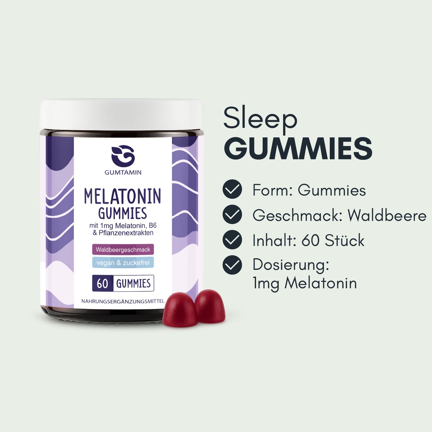 Gumtamin Melatonin Sleep Gummies: Flasche mit 60 Waldbeer-Gummis, vegan und zuckerfrei.