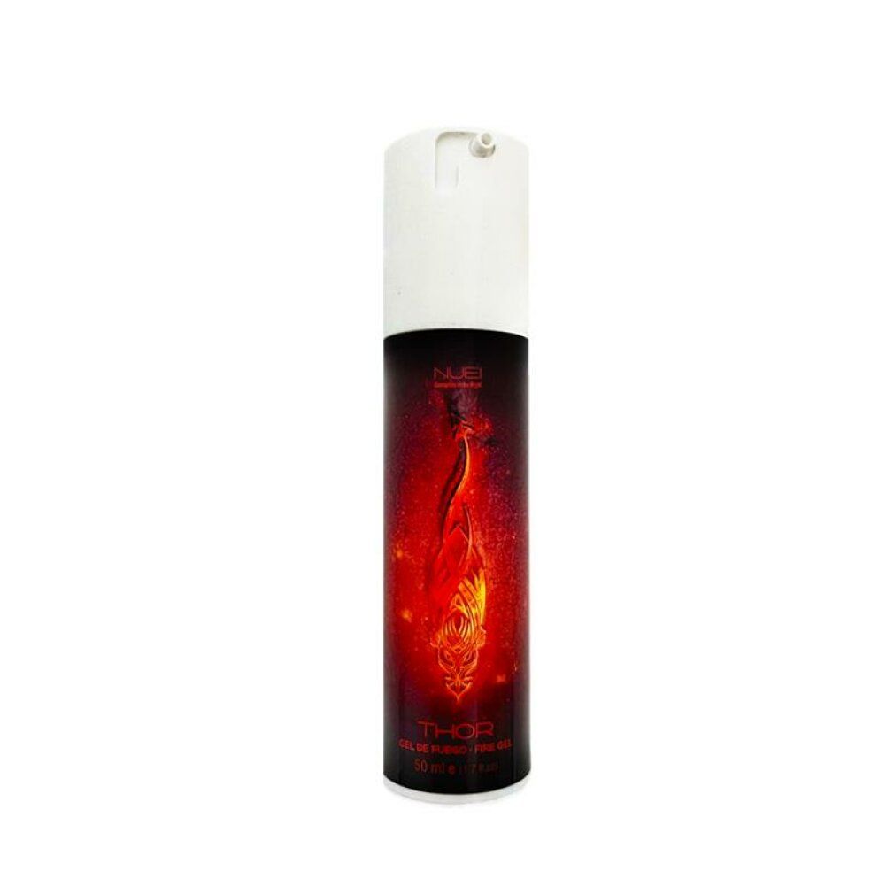 Zylindrische Flasche mit weißem Deckel und rotem Etikett. Aufschrift: THOR, FIRE GEL. Abbildung eines Flammenmotivs. Marke NUEI.