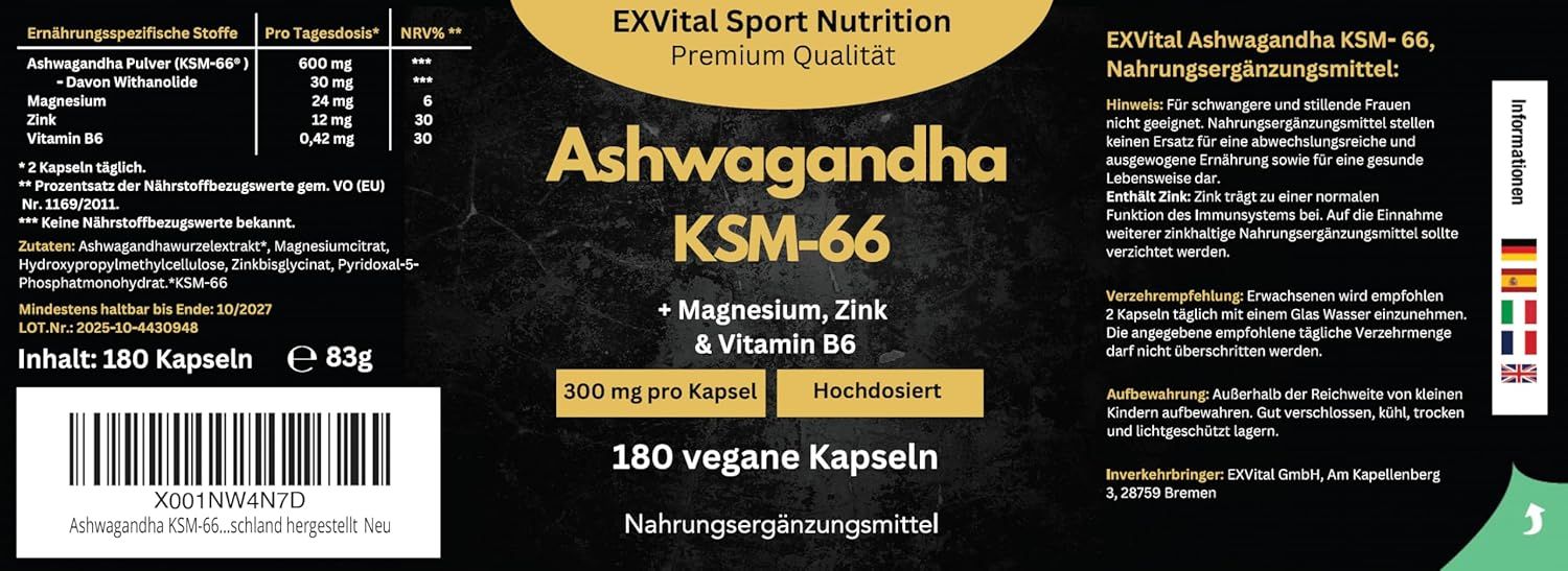 Etikett einer Flasche. Ashwagandha KSM-66. 180 vegane Kapseln. 300 mg pro Kapsel. Inhaltsstoffe, Nährwertangaben, Hersteller.