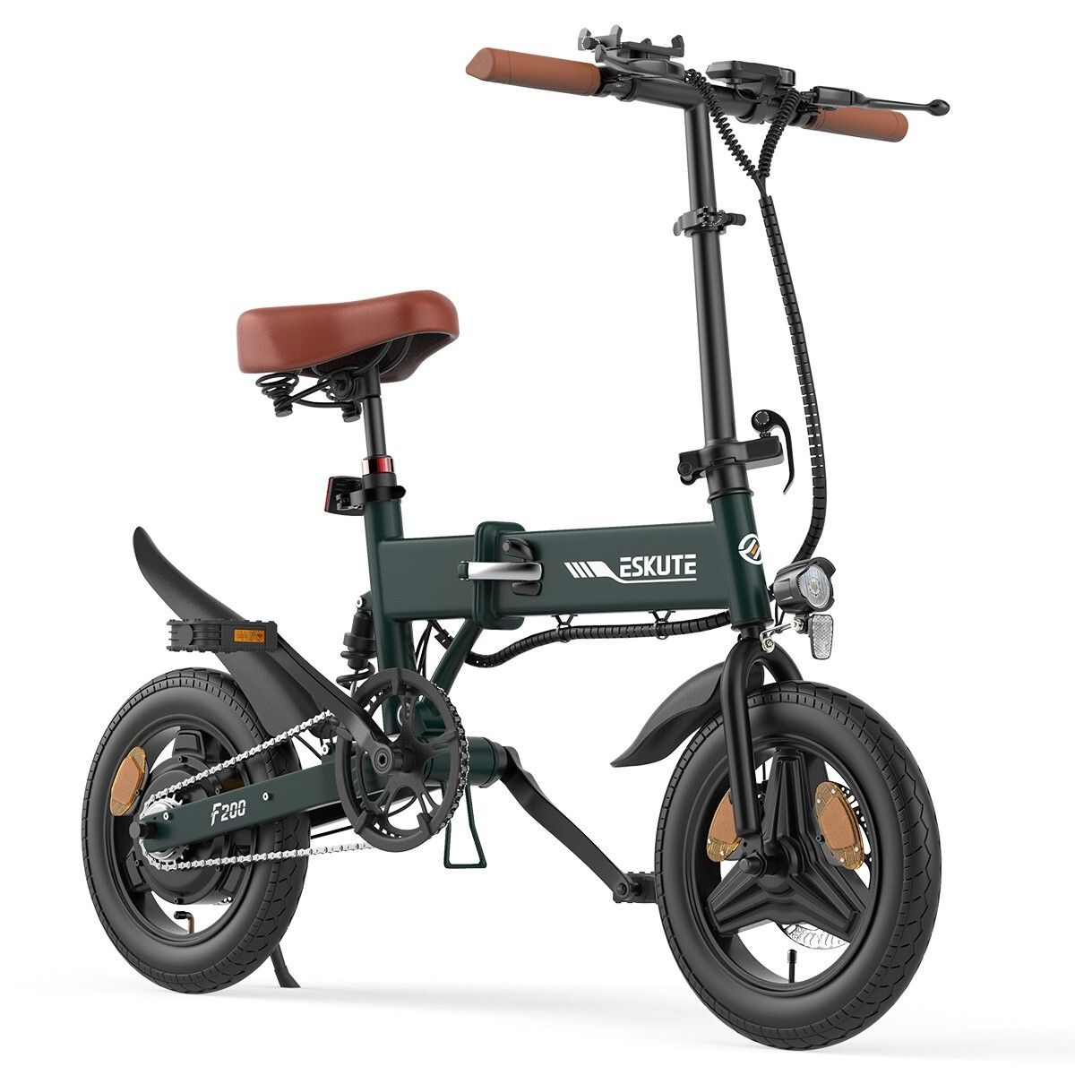 ESKUTE F200 E-Bike, grün, zusammengeklappt. Brauner Sattel und Lenkergriffe. Schwarze Schutzbleche und Reifen. Scheibenbremsen.