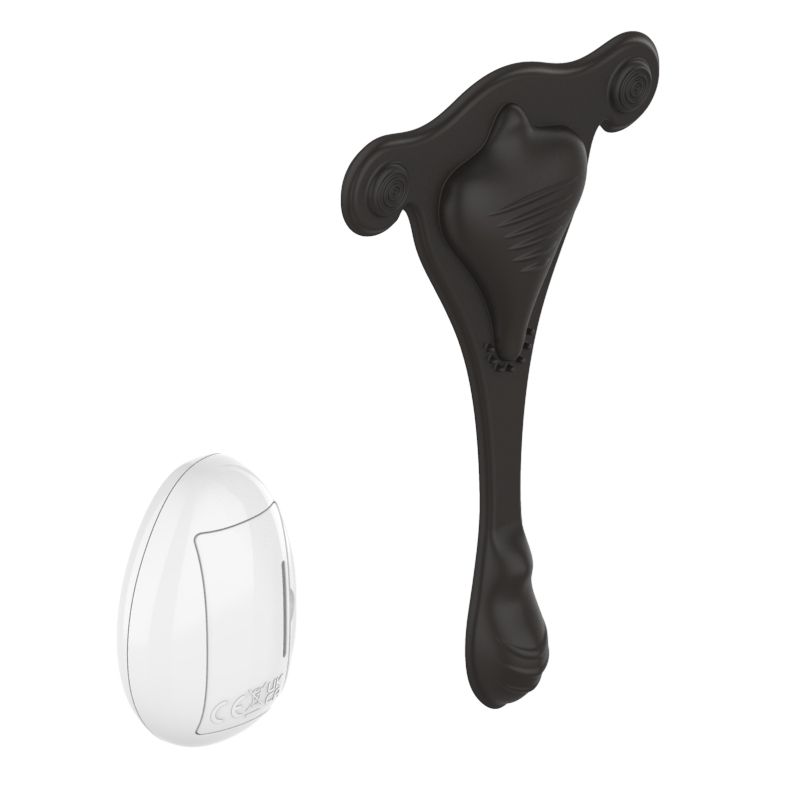 Schwarzer Vibrator und weiße Fernbedienung. Die Fernbedienung hat eine ovale Form.