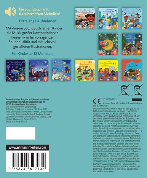 Rückseite des Buches "So klingt die Musik großer Komponistinnen". Text, Illustrationen, Logos und Warnhinweise.