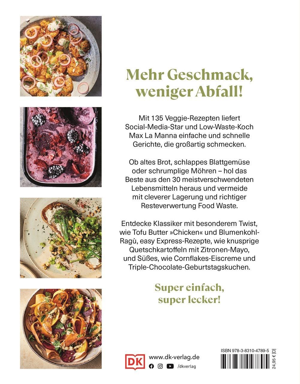 Rückseite des Kochbuchs "You Can Cook This!". Mehrere Gerichte abgebildet. Text: Mehr Geschmack, weniger Abfall! 135 Veggie-Rezepte.