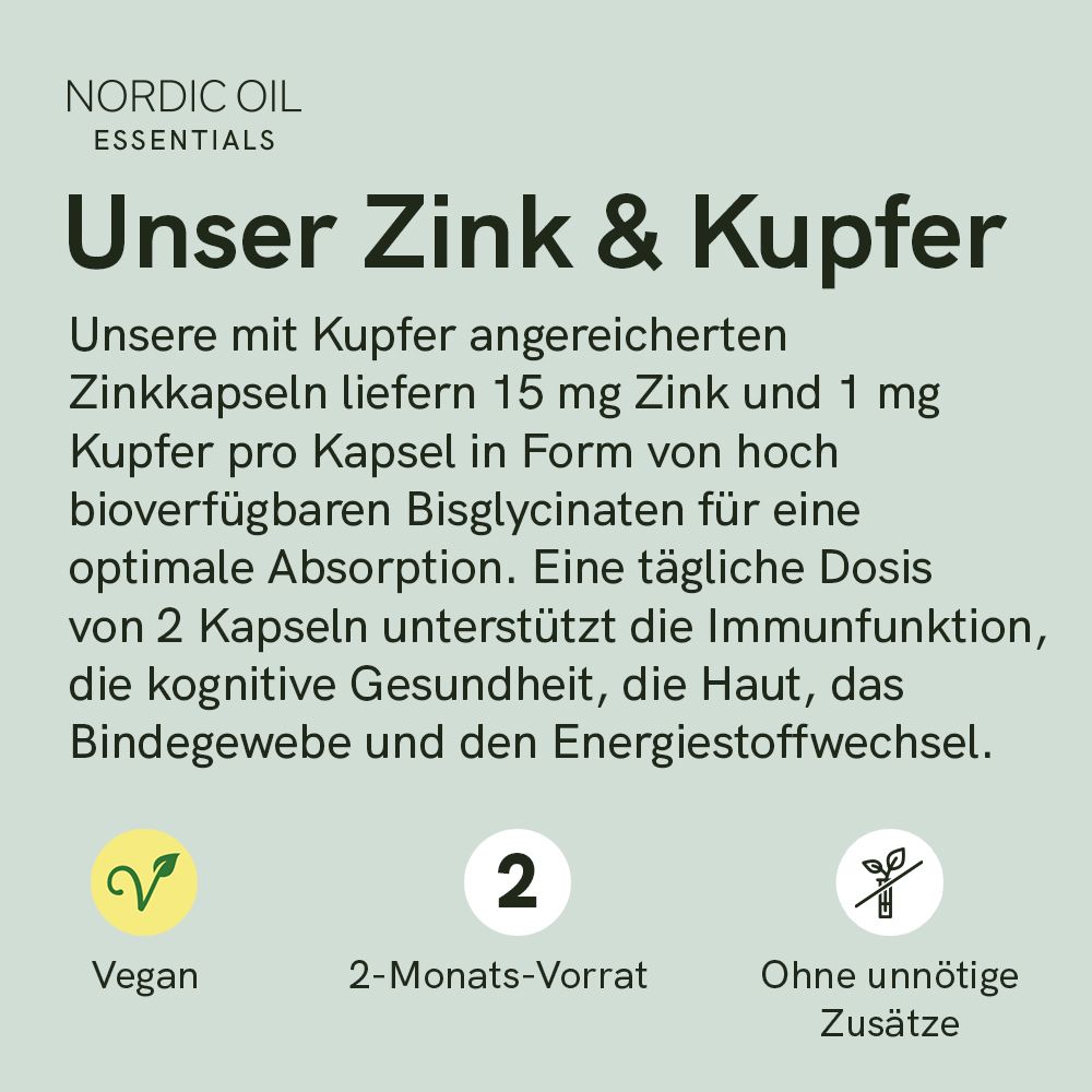 Text auf grünem Hintergrund: Unser Zink & Kupfer. Enthält 15 mg Zink und 1 mg Kupfer pro Kapsel. Vegan, 2-Monats-Vorrat.