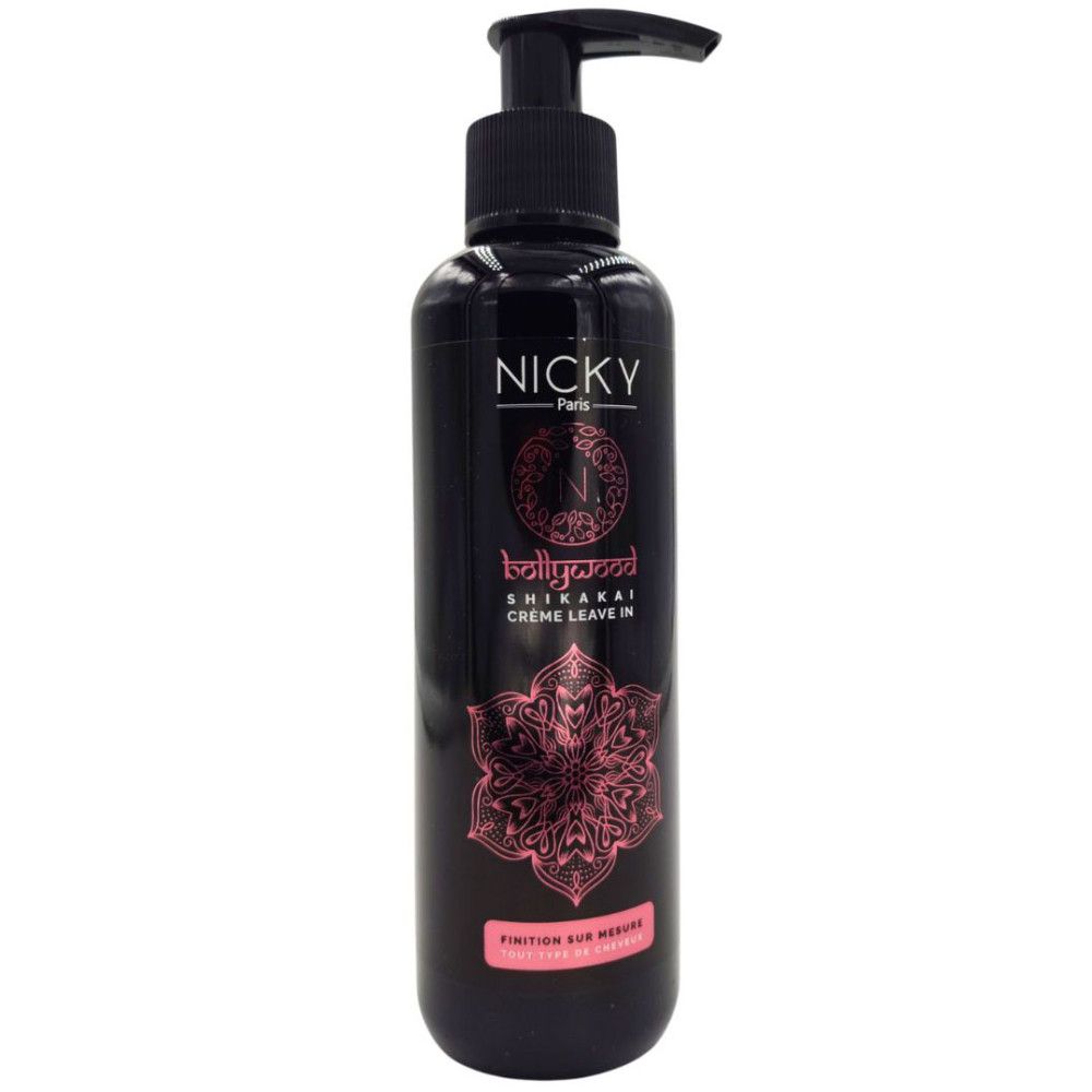 Schwarze Pumpflasche mit Etikett: NICKY Paris, Bollywood Shikakai Creme Leave In.