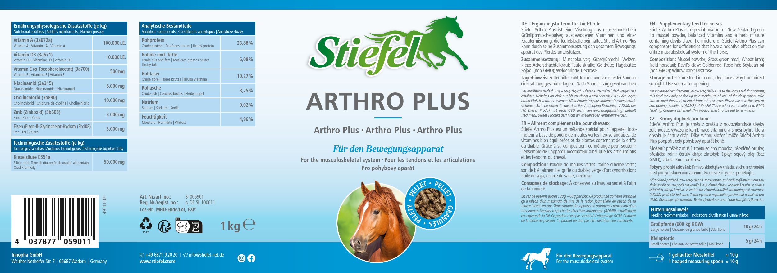 Produktetikett von Stiefel Arthro Plus. Enthält Informationen zu Inhaltsstoffen und Nährwerten. Mit Logo und Produktbild.