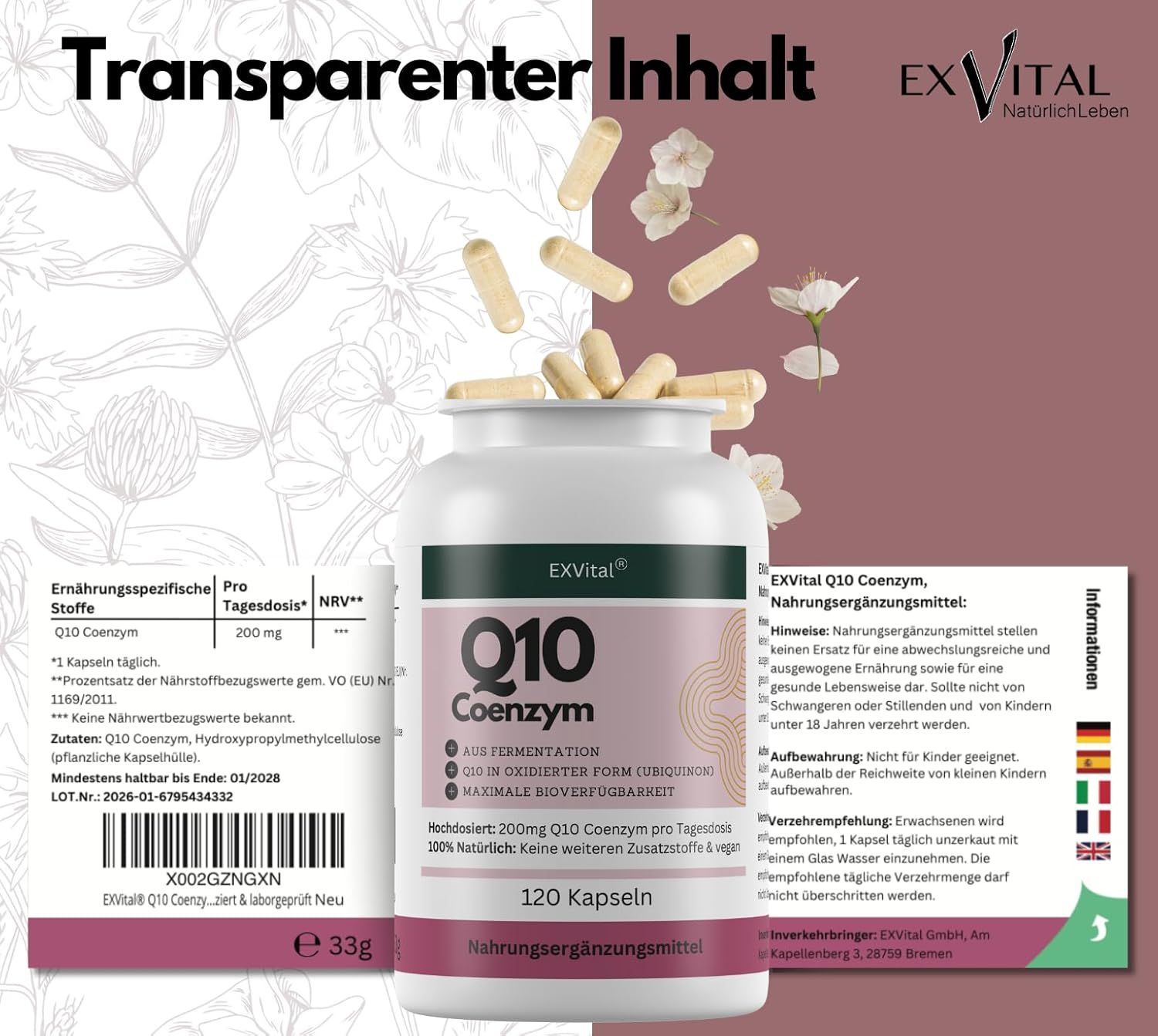 EXVital® Q10 Coenzym Kapseln, hochdosiert 200mg pro Tag, vegan & tierversuchsfrei
