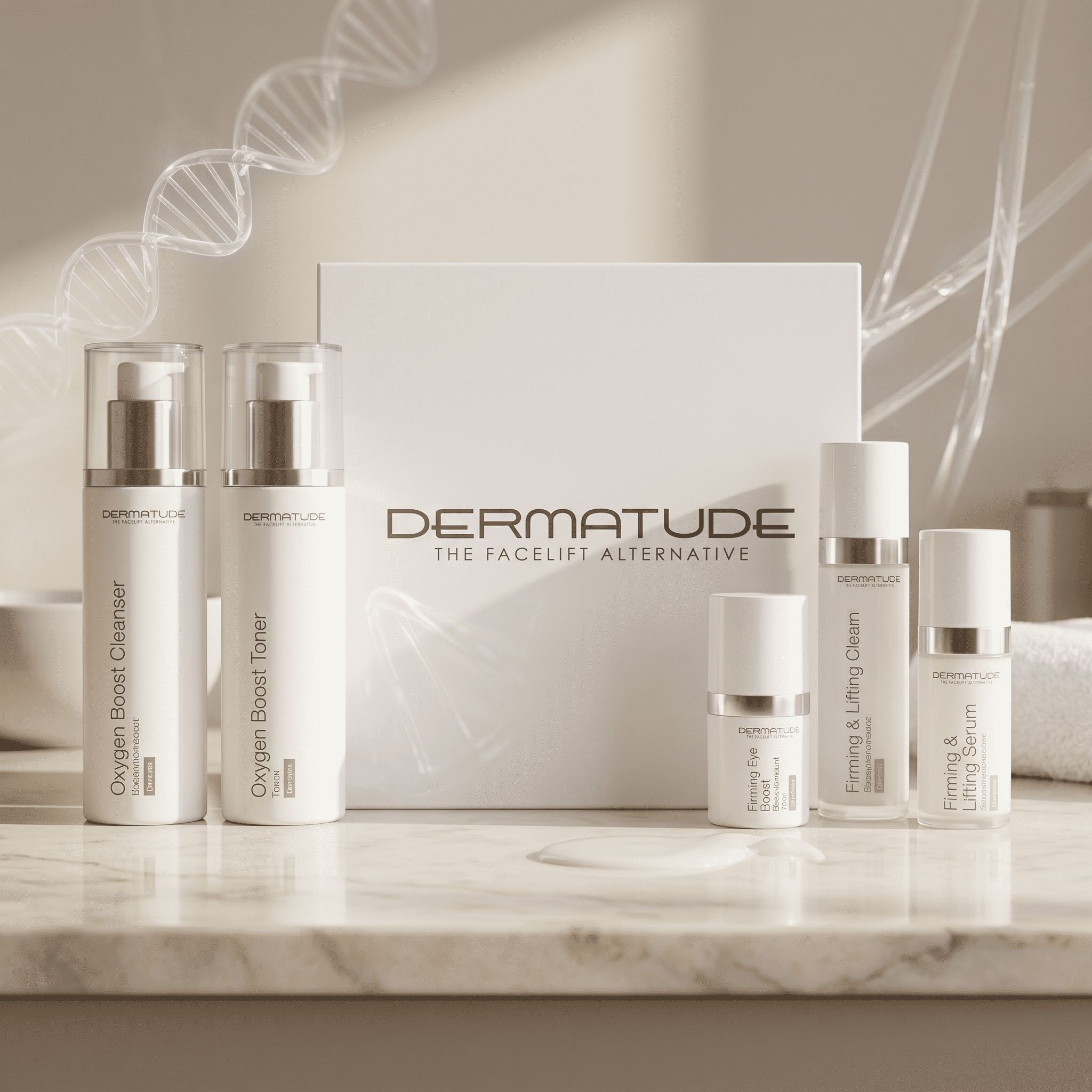 Dermatude Hautpflege-Set mit Flaschen, umgeben von abstrakten Molekül- und Flüssigkeitselementen.