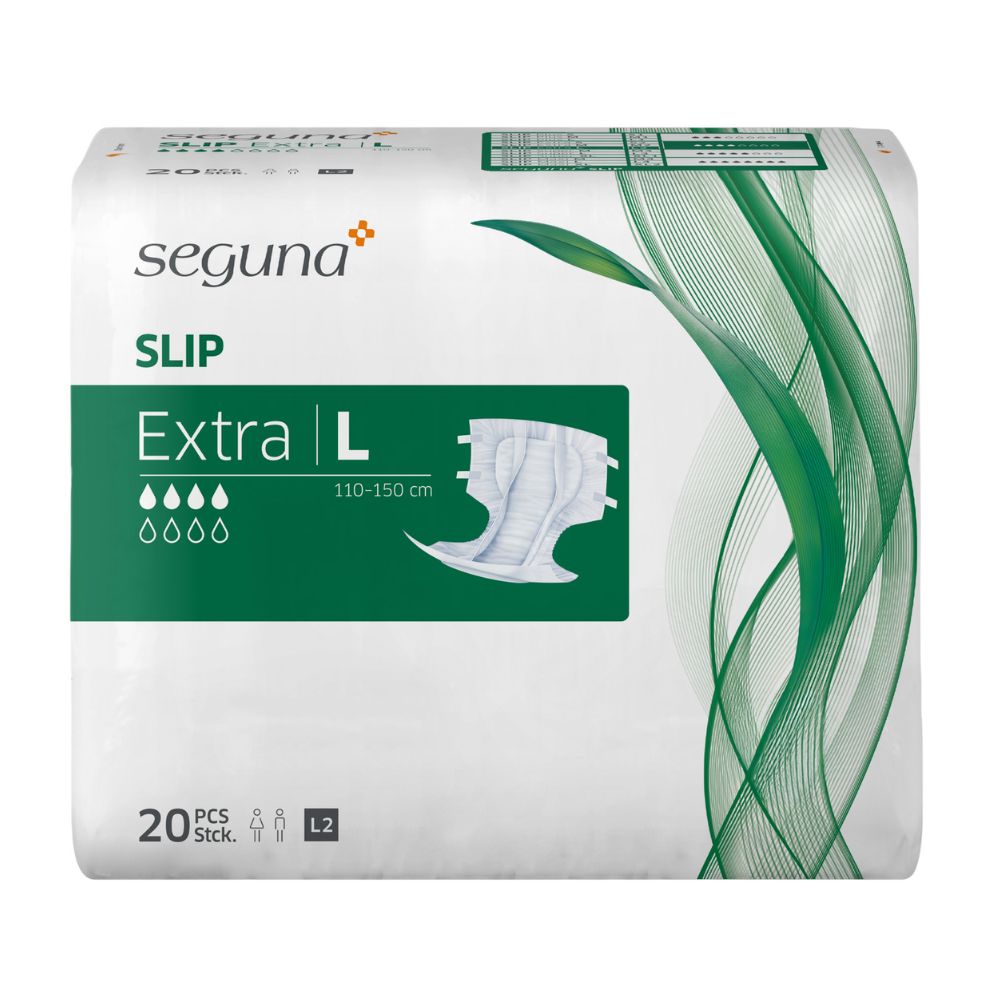 Verpackung mit Inkontinenzprodukten. Aufschrift: seguna SLIP Extra L, 110-150 cm, 20 Stück. Illustration eines Produkts.